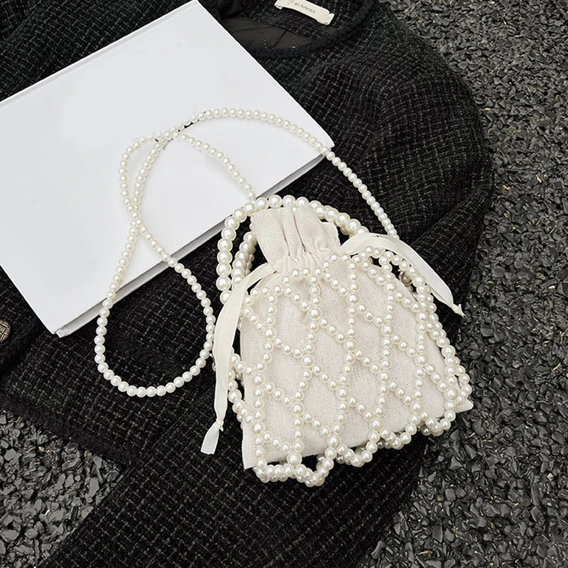 Luxury Pearl Woven Bucket Tote Handbag
