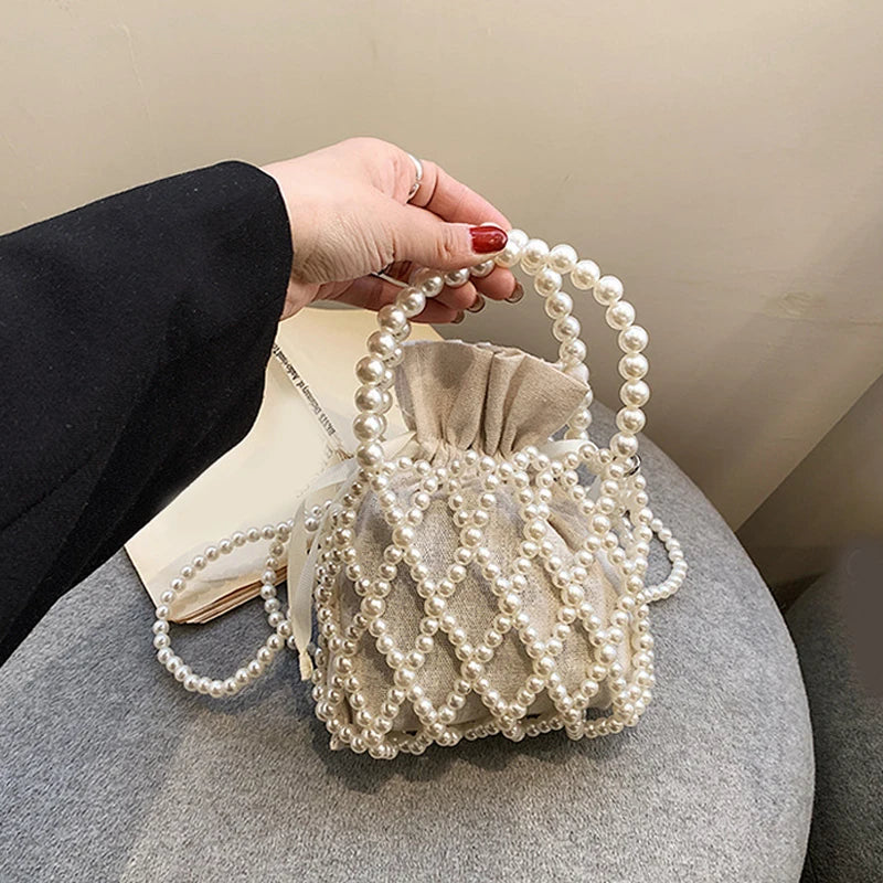 Luxury Pearl Woven Bucket Tote Handbag
