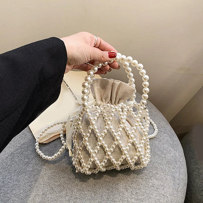 Luxury Pearl Woven Bucket Tote Handbag