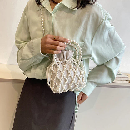 Luxury Pearl Woven Bucket Tote Handbag