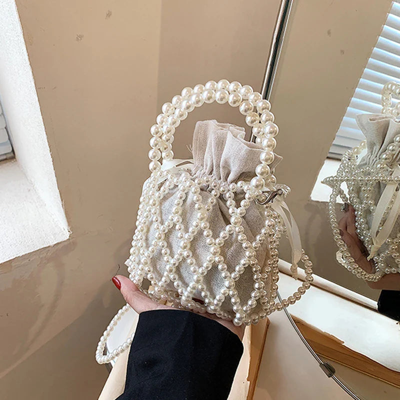 Luxury Pearl Woven Bucket Tote Handbag