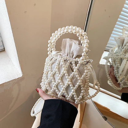 Luxury Pearl Woven Bucket Tote Handbag