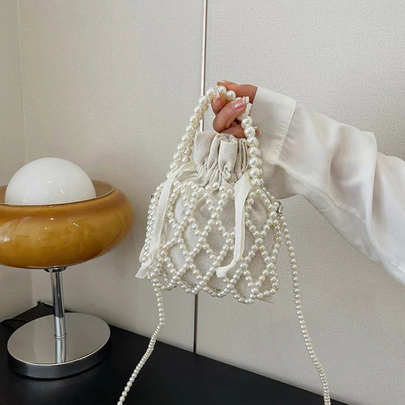 Luxury Pearl Woven Bucket Tote Handbag