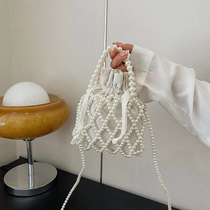 Luxury Pearl Woven Bucket Tote Handbag