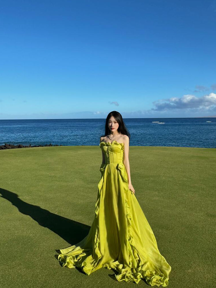 Luxury Green Ruffle Strapless Dress Elegant Birthday Party Gown