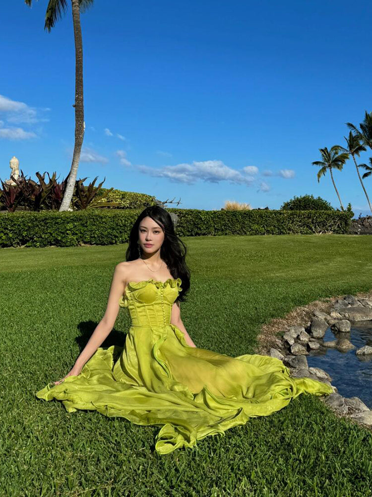 Luxury Green Ruffle Strapless Dress Elegant Birthday Party Gown