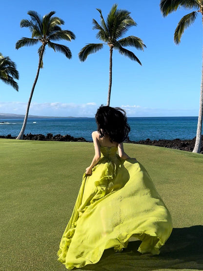 Luxury Green Ruffle Strapless Dress Elegant Birthday Party Gown