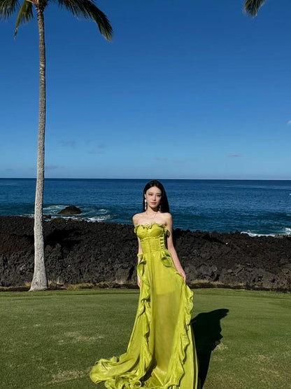 Luxury Green Ruffle Strapless Dress Elegant Birthday Party Gown
