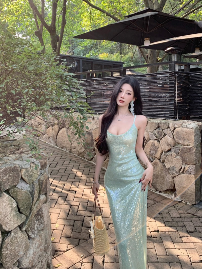 Luxury Green Sequin Gown Elegant Evening Party Dress