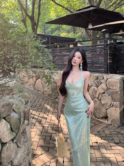 Luxury Green Sequin Gown Elegant Evening Party Dress