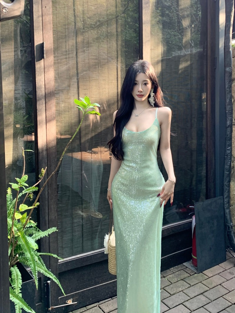 Luxury Green Sequin Gown Elegant Evening Party Dress