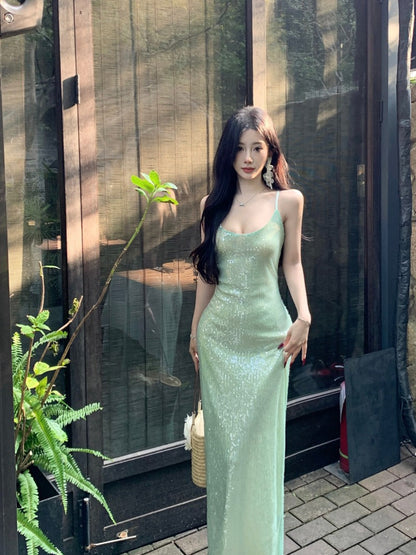 Luxury Green Sequin Gown Elegant Evening Party Dress