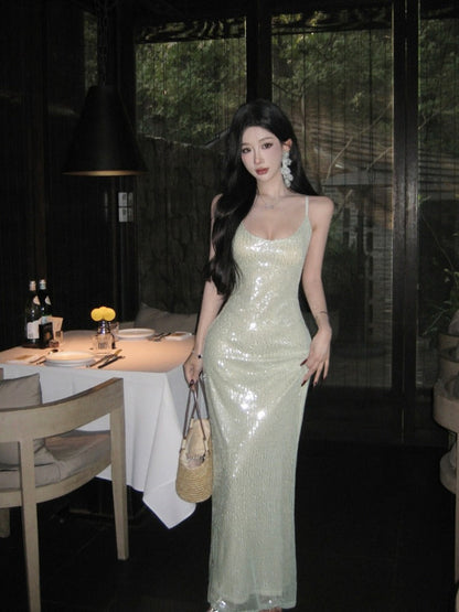 Luxury Green Sequin Gown Elegant Evening Party Dress