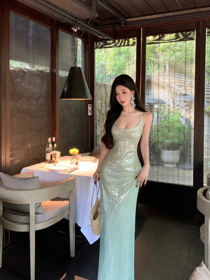 Luxury Green Sequin Gown Elegant Evening Party Dress