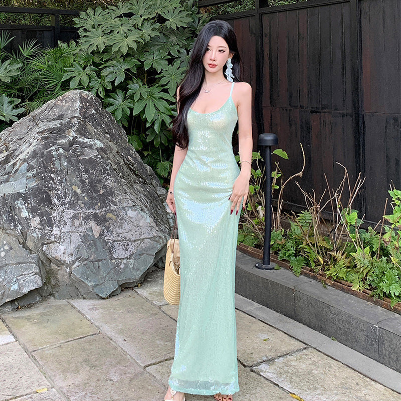 Luxury Green Sequin Gown Elegant Evening Party Dress