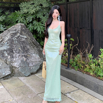 Luxury Green Sequin Gown Elegant Evening Party Dress