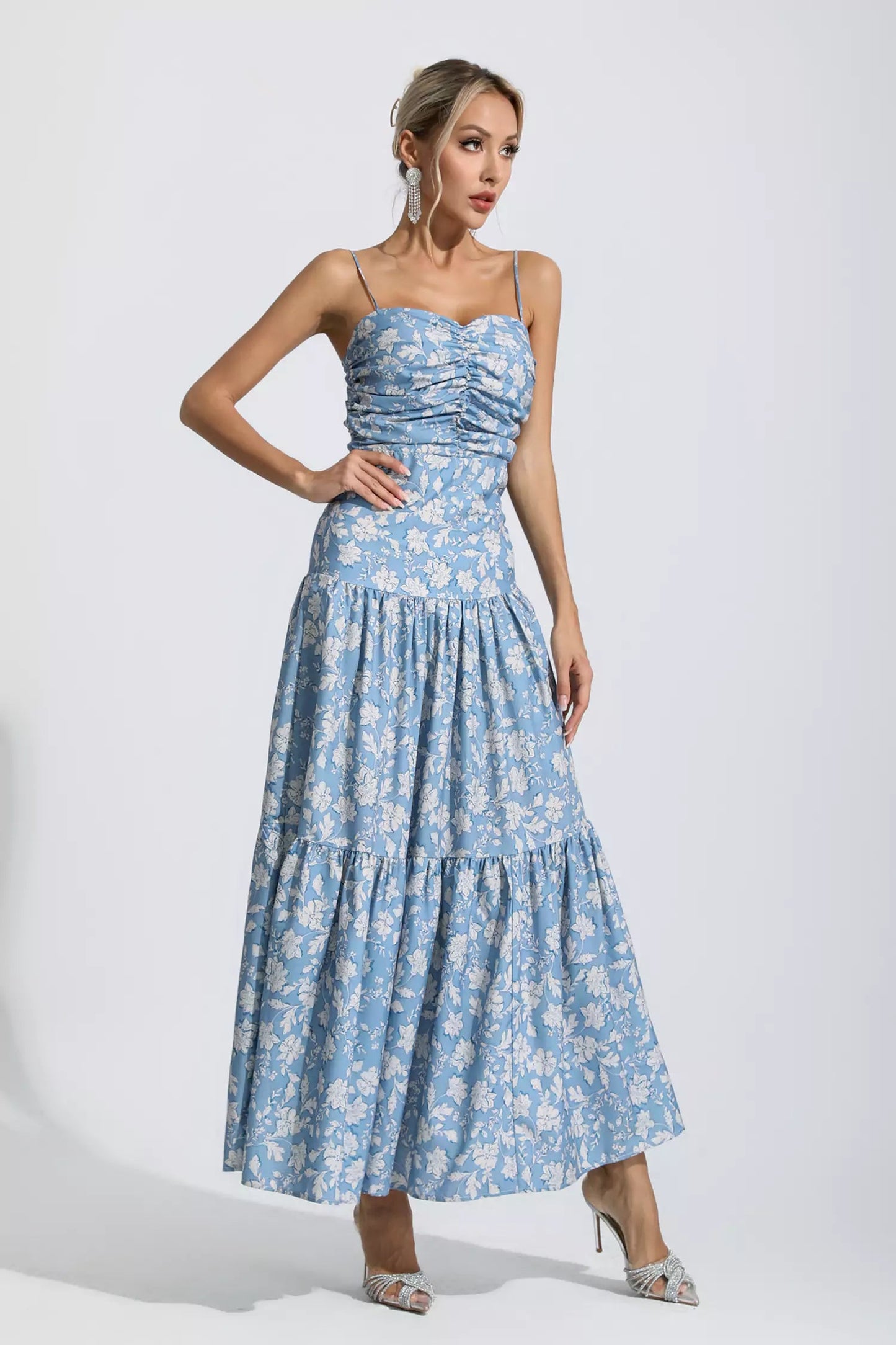 Lyra Blue Floral Ruched Slip Maxi Dress