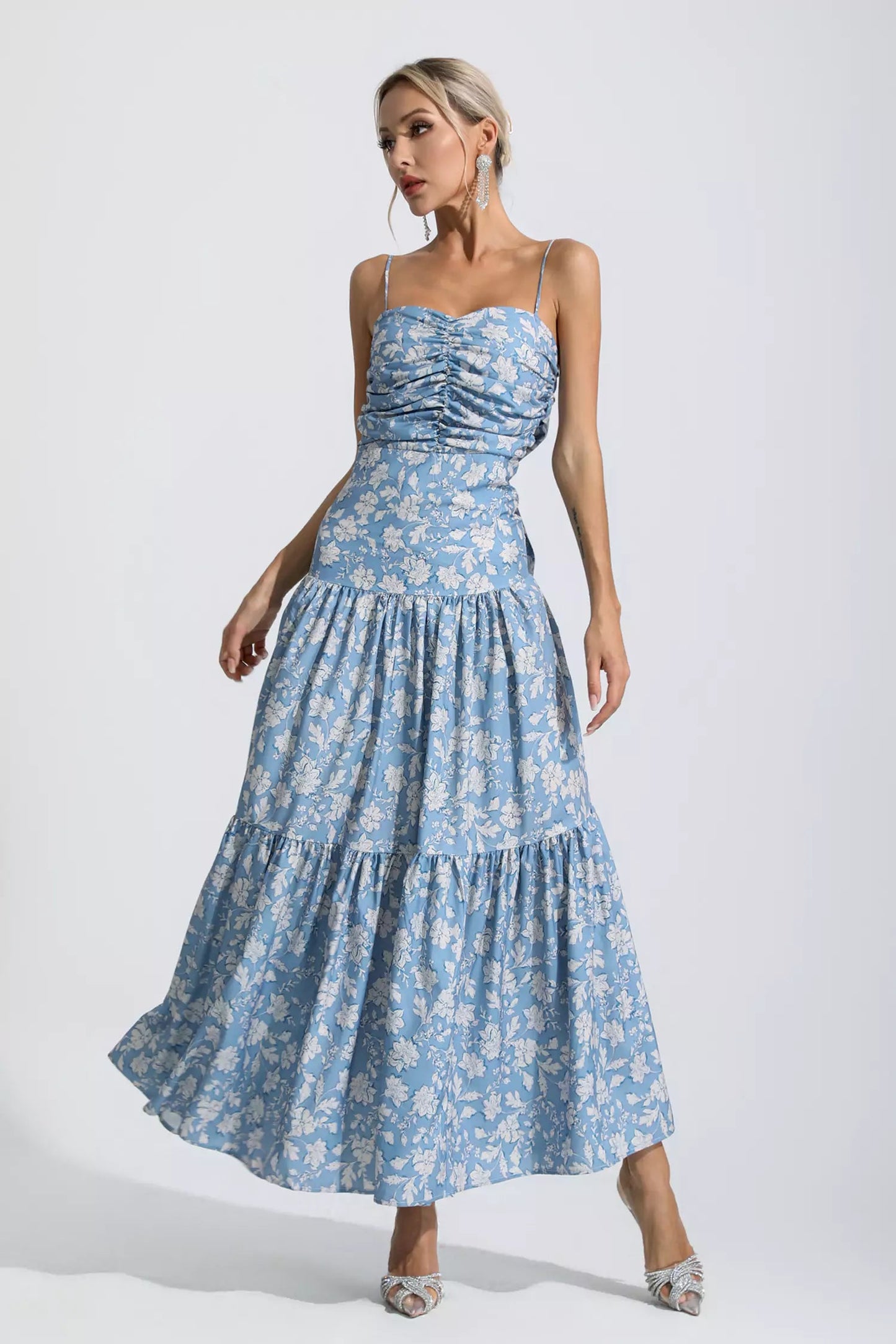 Lyra Blue Floral Ruched Slip Maxi Dress