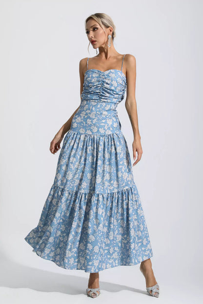 Lyra Blue Floral Ruched Slip Maxi Dress