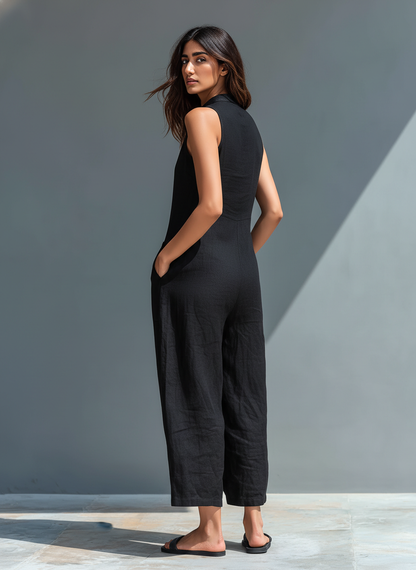 Sleeveless Minimalist Linen Blend Jumpsuit for Women with High Collar and Buttons