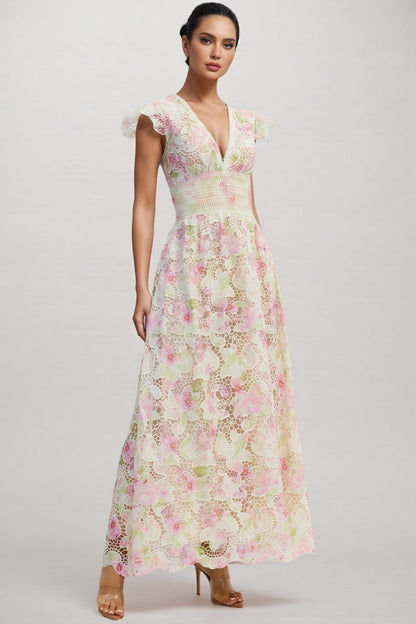 Jorjal V Neck Embroidered Hollow Out Maxi Dress