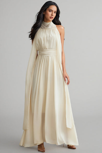 Zurilk Apricot Chiffon Backless Maxi Dress