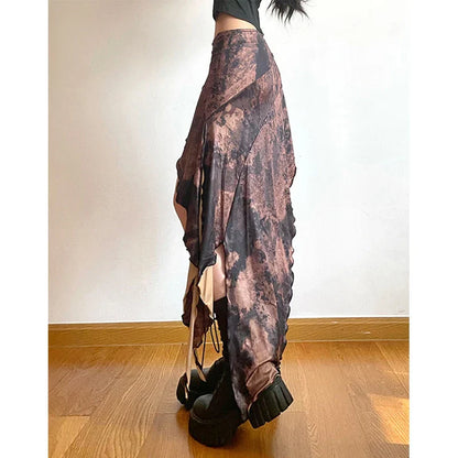 Y2K Irregular Midi Skirt Vintage Boho Ruffles Print Skirt