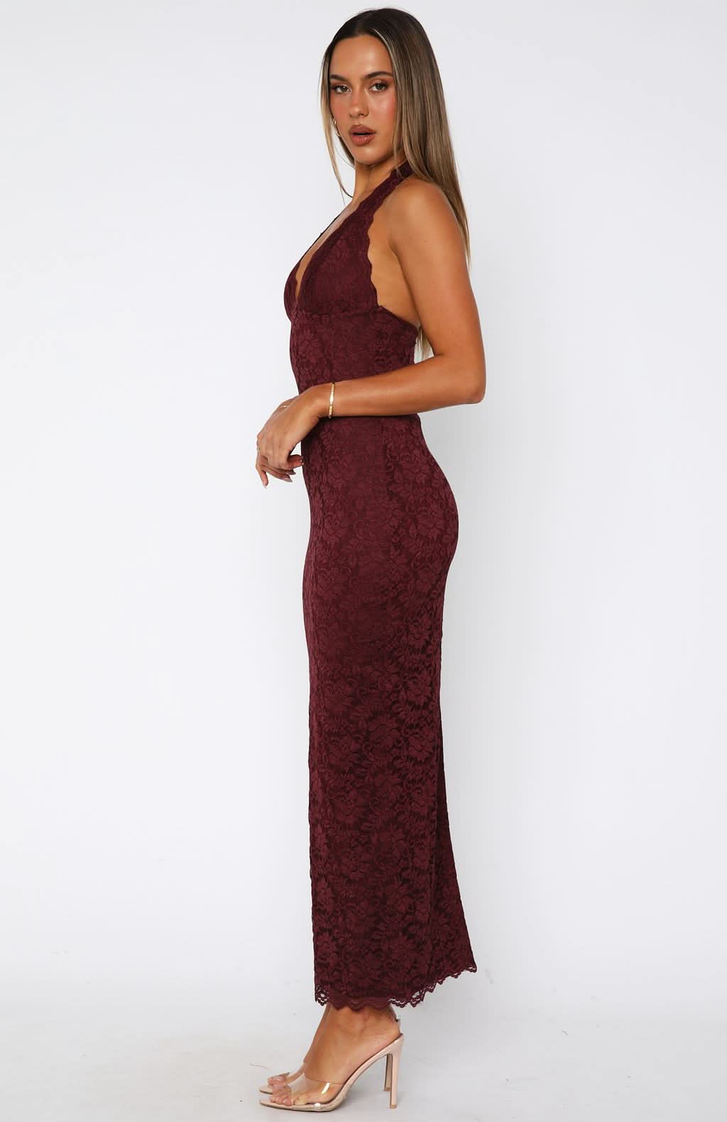 Floral Lace Halter Neck Deep V Scalloped Hem Maxi Dress