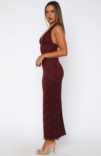 Floral Lace Halter Neck Deep V Scalloped Hem Maxi Dress
