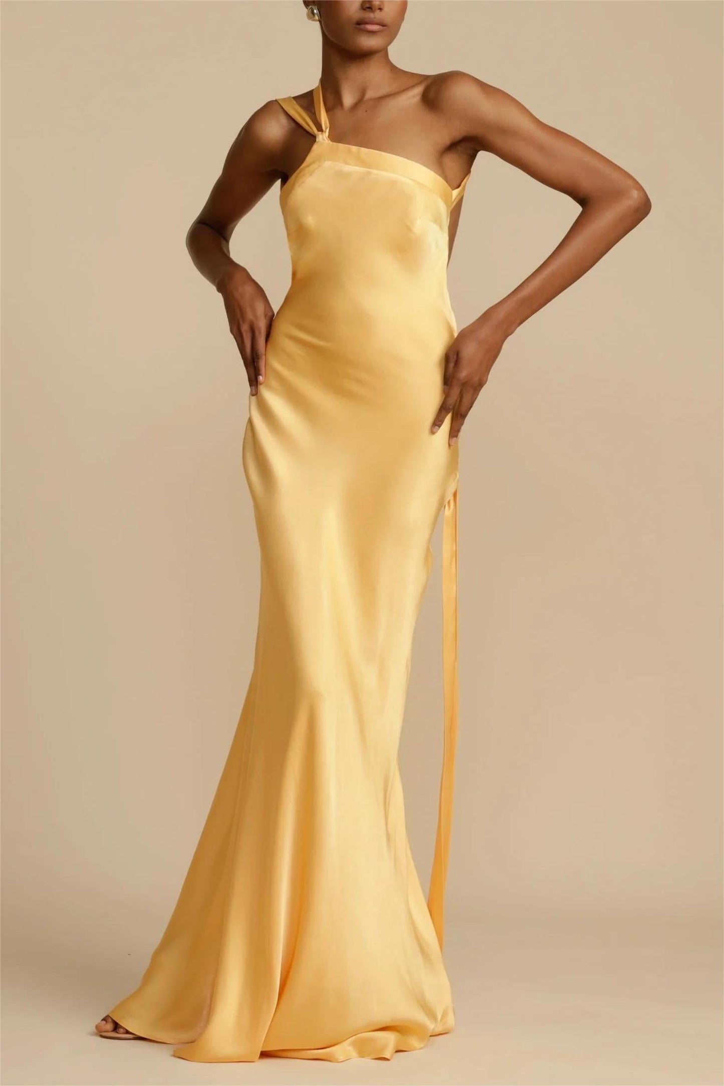 Moonlit Soiree - Satin Asymmetrical One Shoulder Backless Strap Maxi Dress