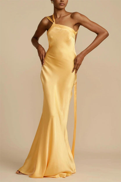 Moonlit Soiree - Satin Asymmetrical One Shoulder Backless Strap Maxi Dress