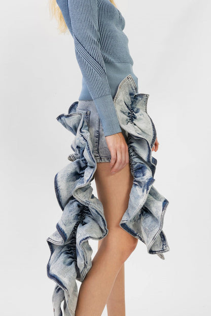 Madiya Asymmetric Ruffle Denim Mini Skirt