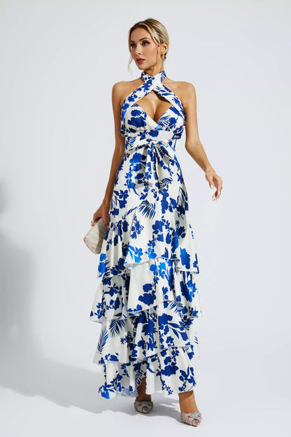 Mae Bohemian Lace-up Maxi Dress-Blue