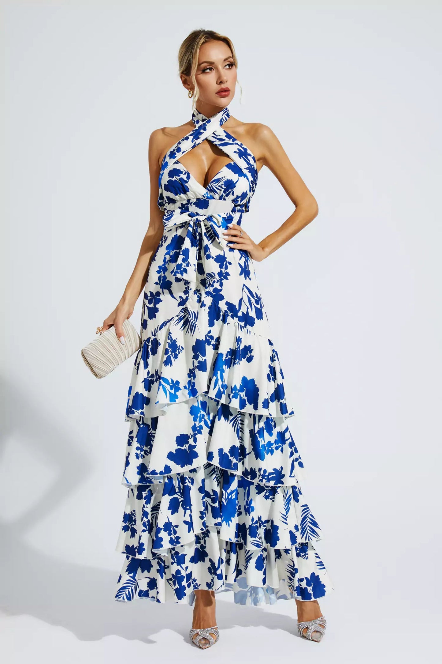 Mae Bohemian Lace-up Maxi Dress-Blue