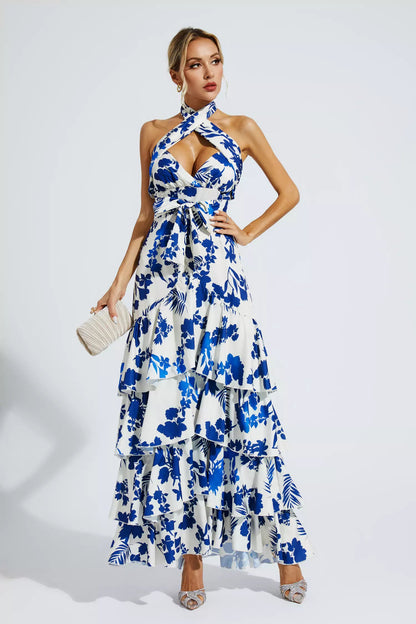 Mae Bohemian Lace-up Maxi Dress-Blue