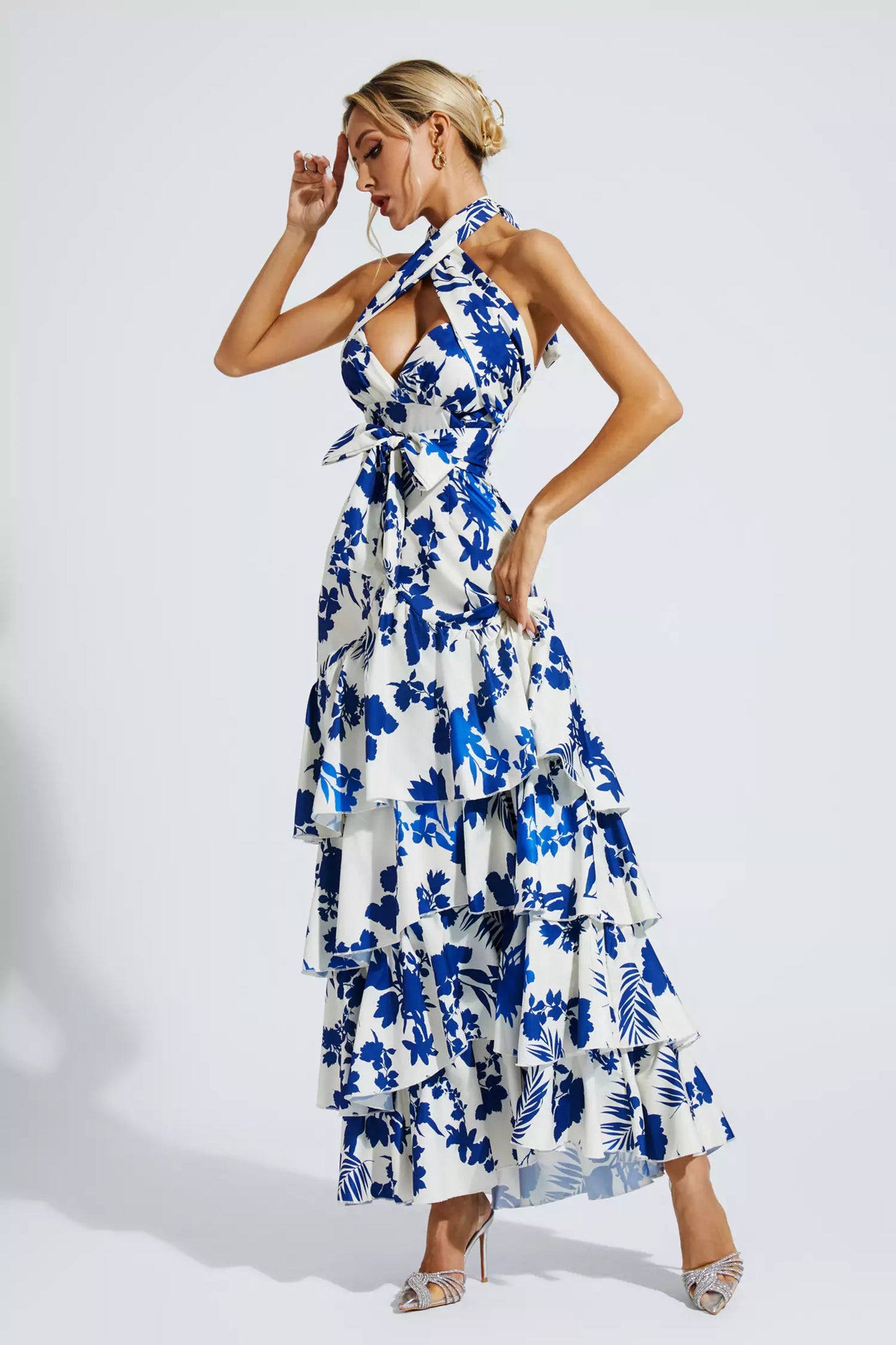 Mae Blue Bohemian Lace-up Maxi Dress