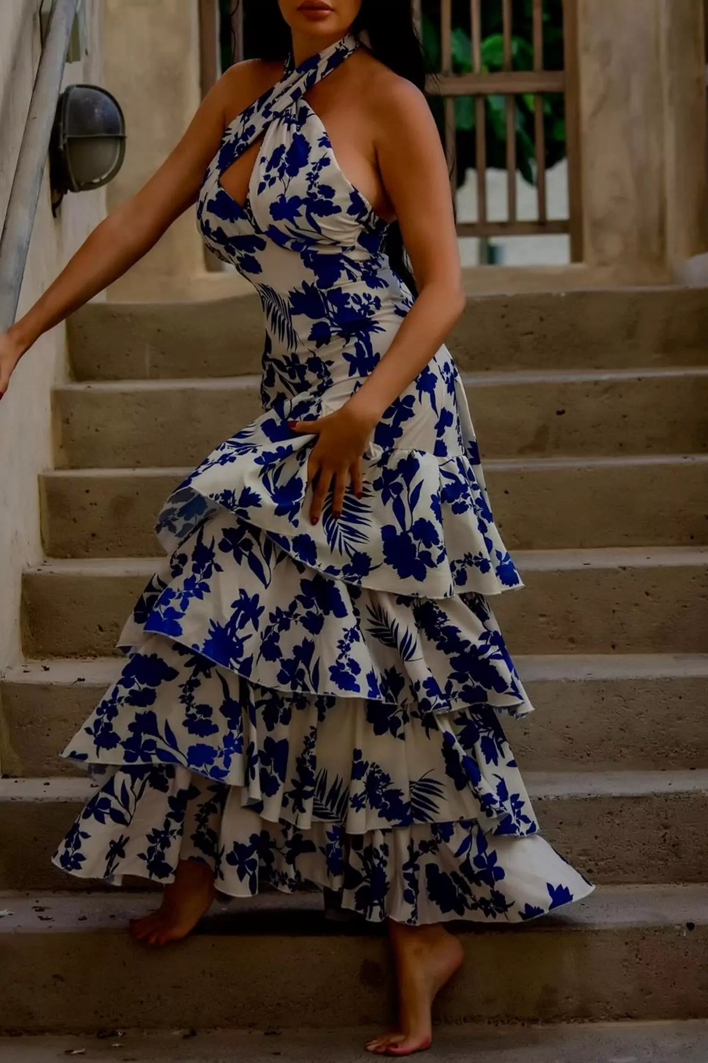 Mae Bohemian Lace-up Maxi Dress-Blue