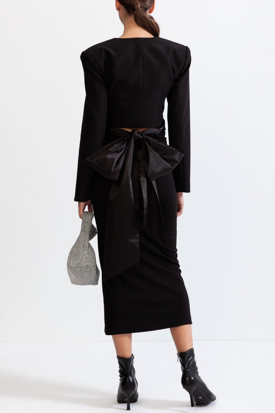 Maelie Bow Detail Satin Crop Blazer  - Black