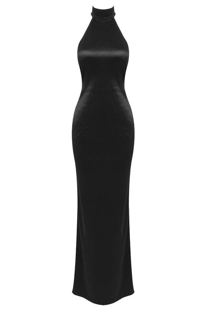 Maelis Pearl Satin Halter Maxi Dress - Black