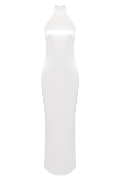 Maelis Pearl Satin Halter Maxi Dress - White