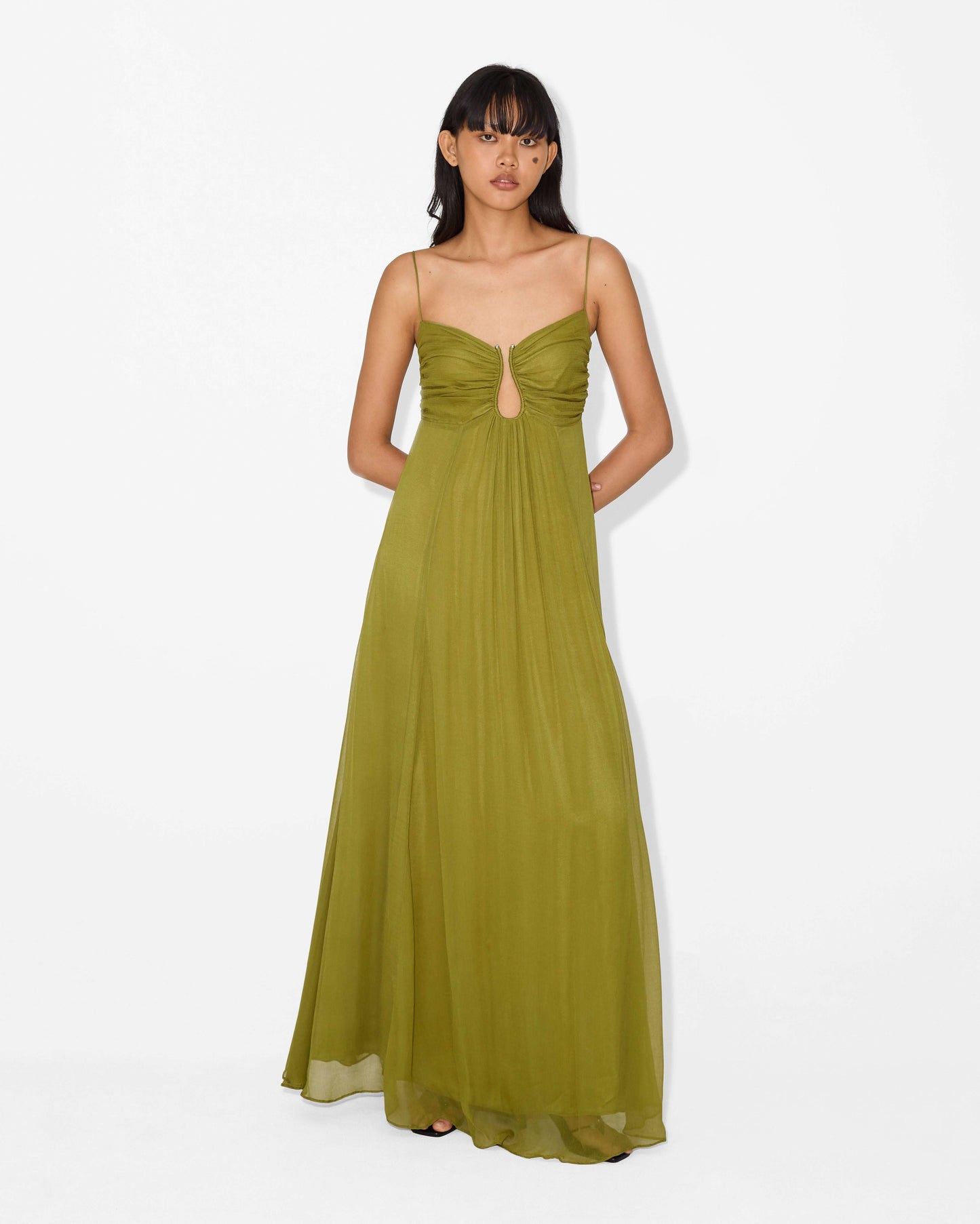Spaghetti Strap Ruched Keyhole Empire Waist Flowy Maxi Dress