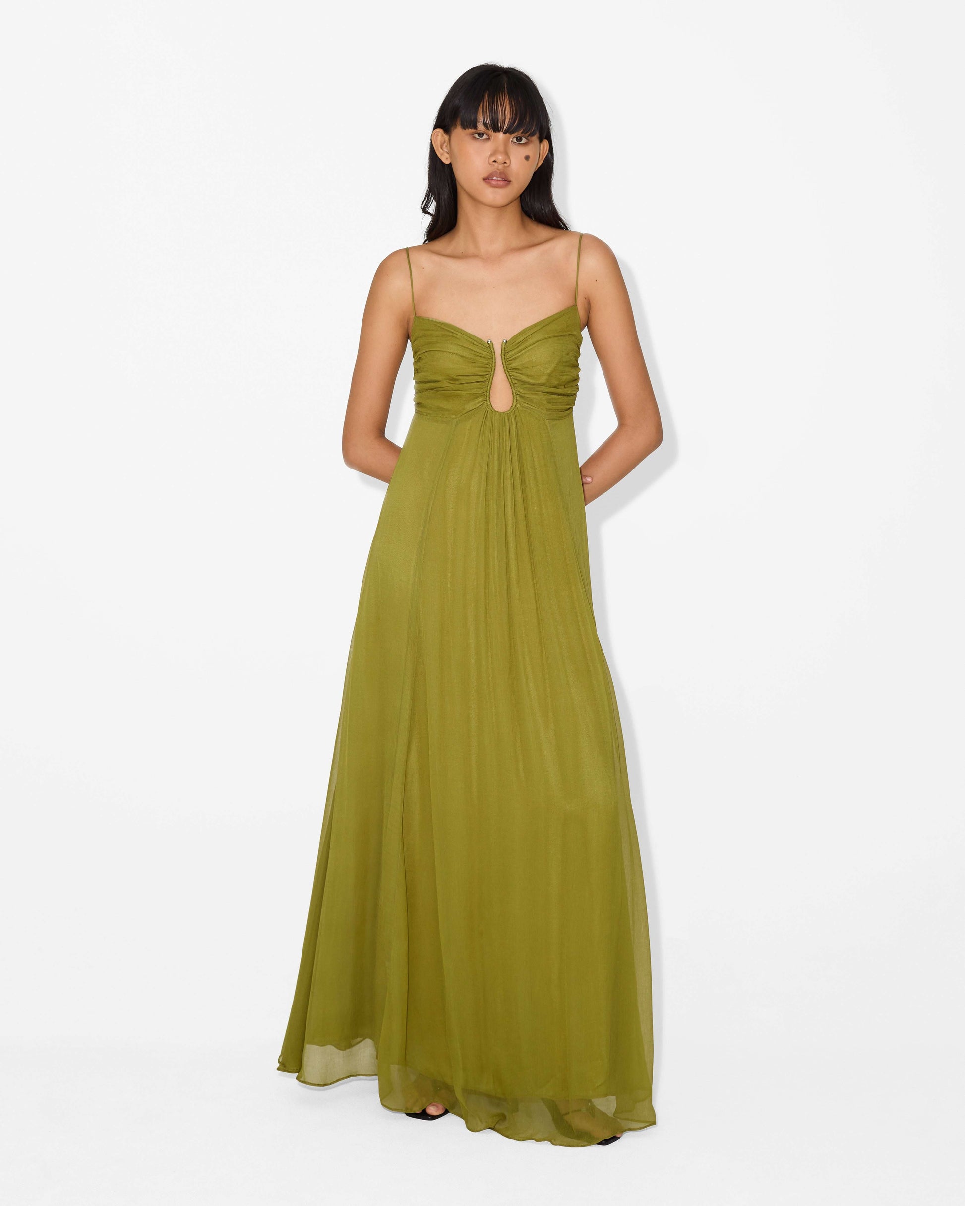 Spaghetti Strap Ruched Keyhole Empire Waist Flowy Maxi Dress
