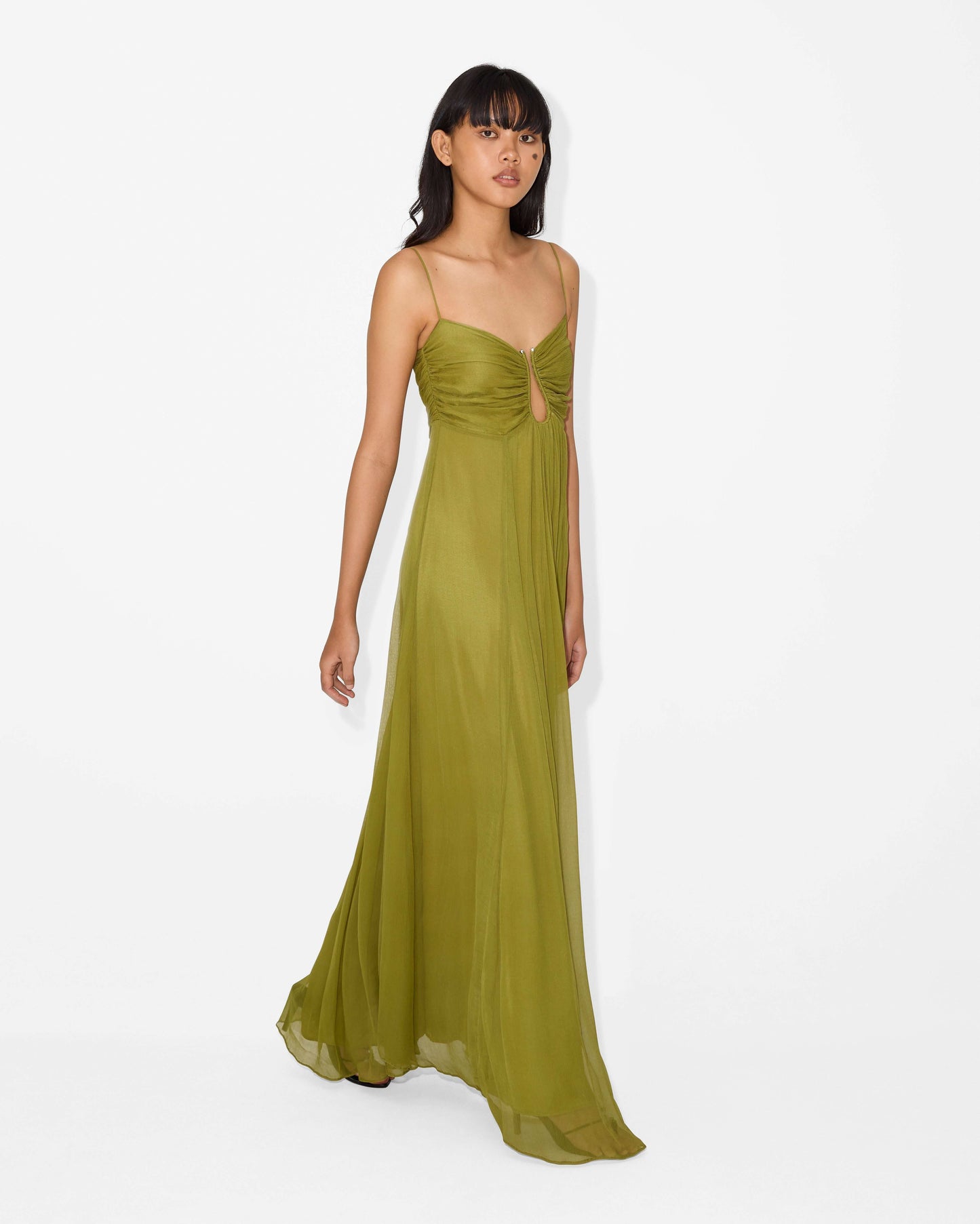Spaghetti Strap Ruched Keyhole Empire Waist Flowy Maxi Dress
