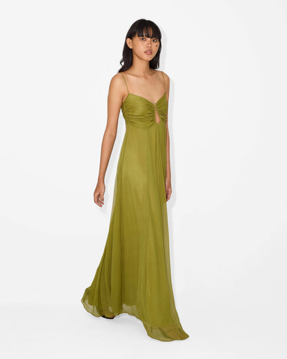 Spaghetti Strap Ruched Keyhole Empire Waist Flowy Maxi Dress