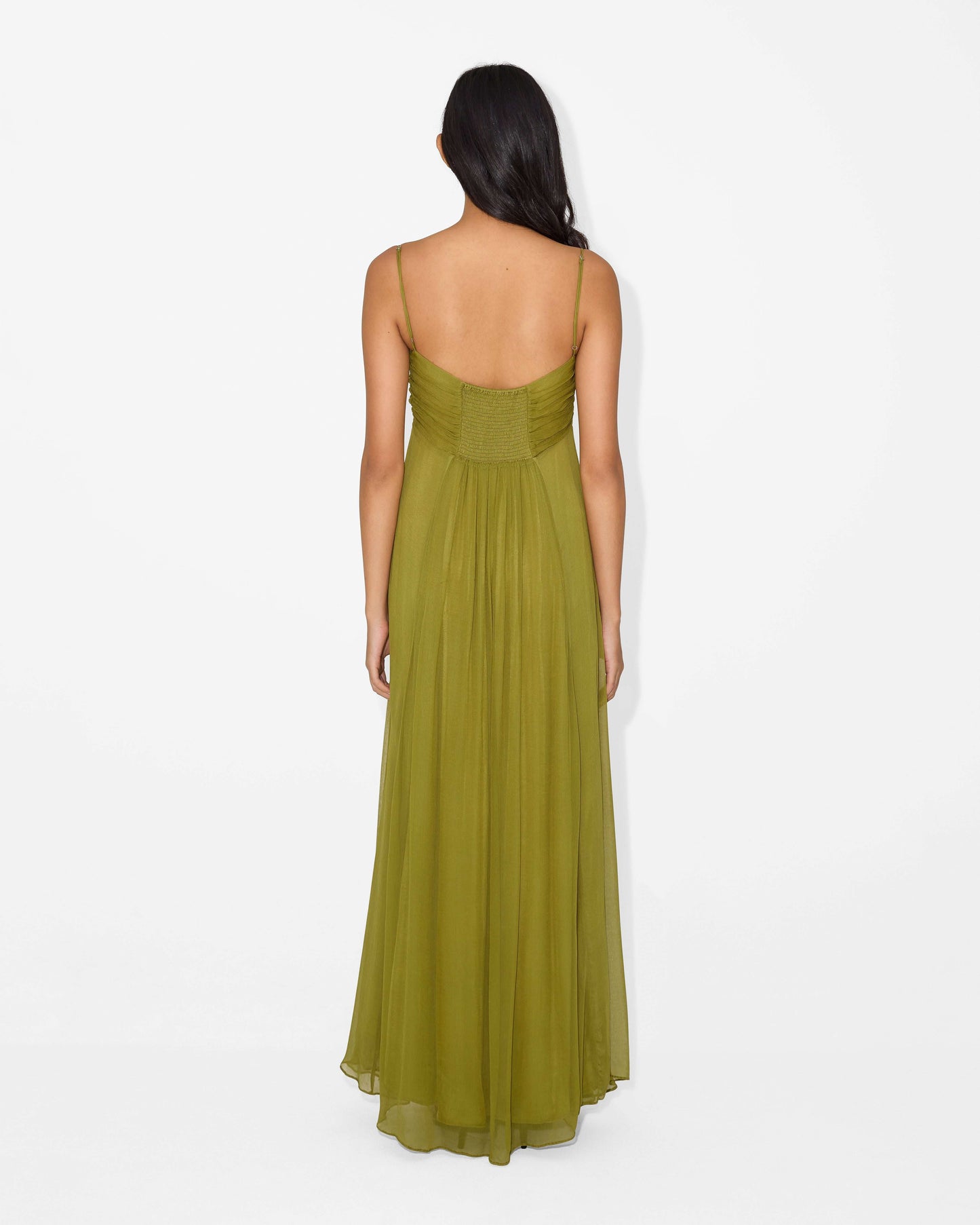 Spaghetti Strap Ruched Keyhole Empire Waist Flowy Maxi Dress