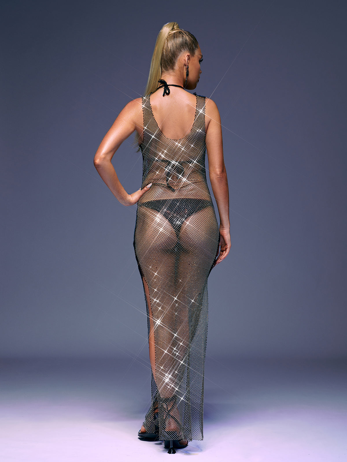 Scoop Neck Rhinestone Mesh Tank Strap Side Slit Maxi Dress