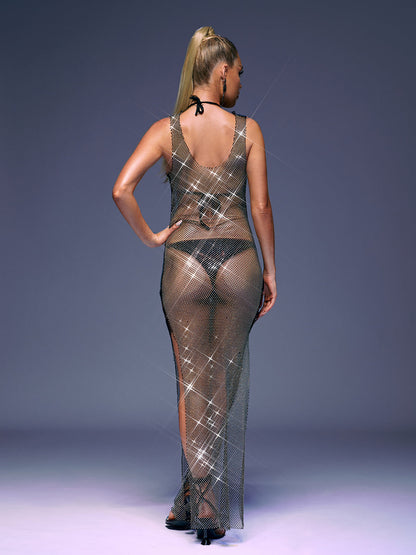 Scoop Neck Rhinestone Mesh Tank Strap Side Slit Maxi Dress