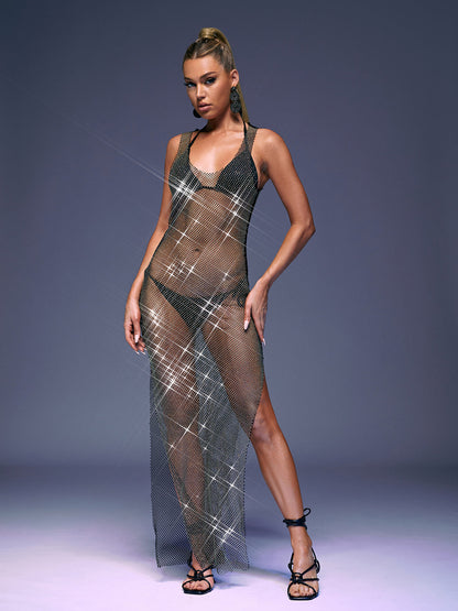 Scoop Neck Rhinestone Mesh Tank Strap Side Slit Maxi Dress