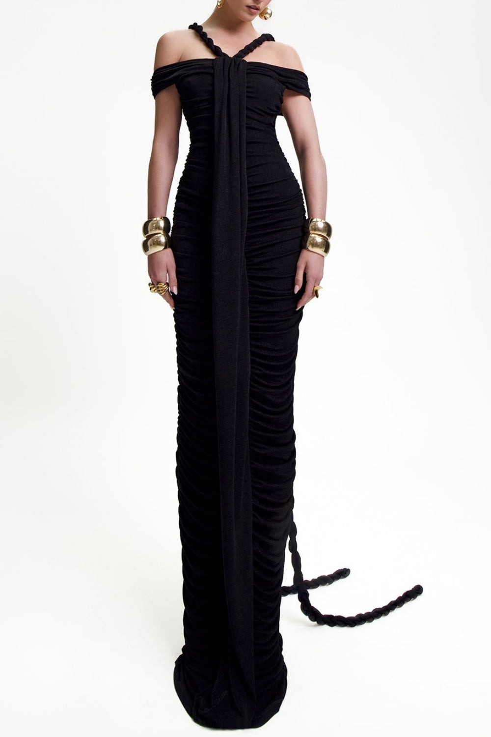 Maisie Off Shoulder Rope Ruched Maxi Dress - Black – Classylooker