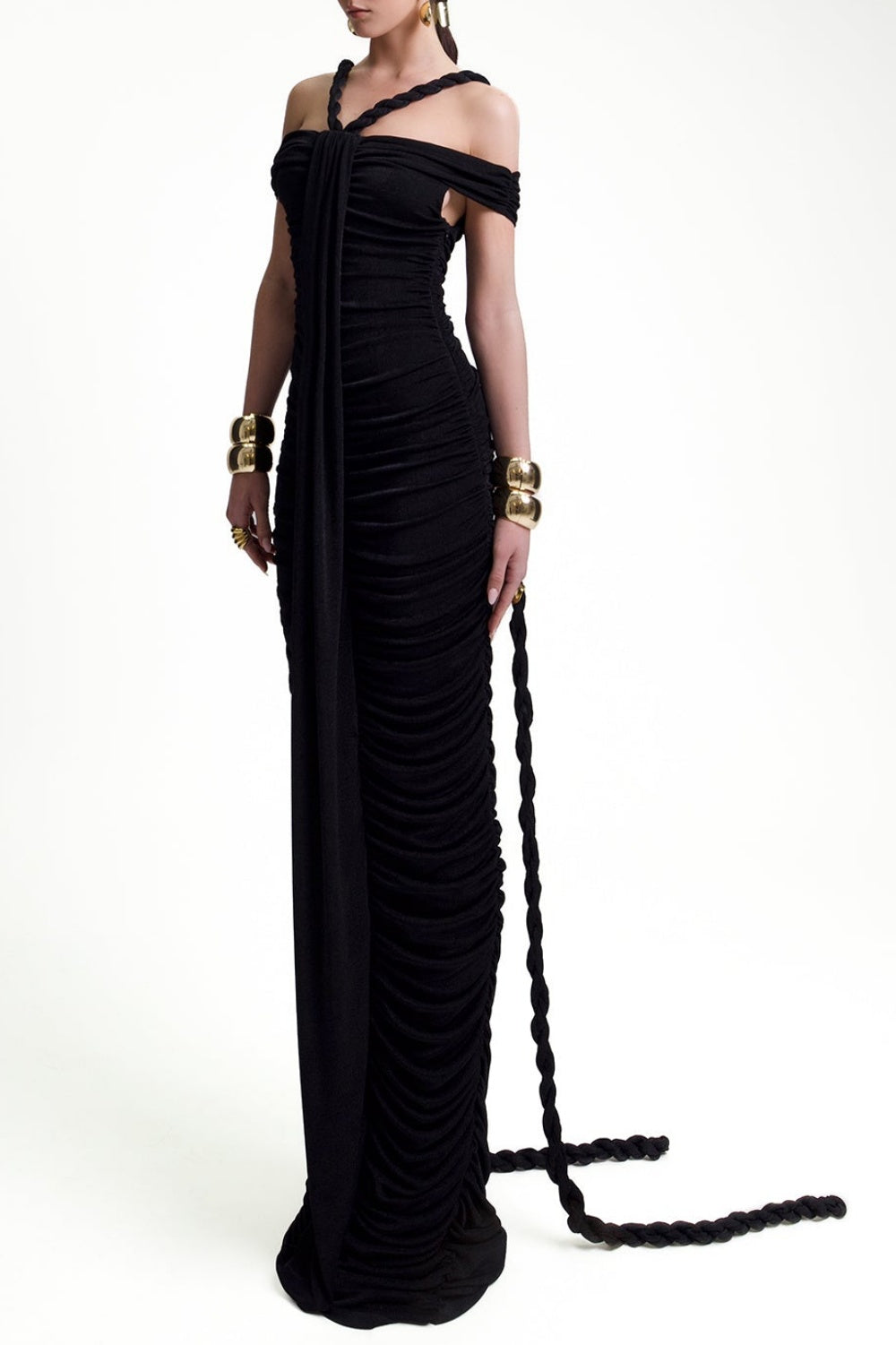 Maisie Off Shoulder Rope Ruched Maxi Dress - Black